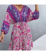 NEW! Beautiful Boho Style V Neck Purple Floral  Dress Gypsy Large Hippie... - £19.21 GBP