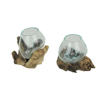 Set of 2 Melted Glass On Teak Driftwood Bowls Vases Terrarium Planter Décor - £54.48 GBP