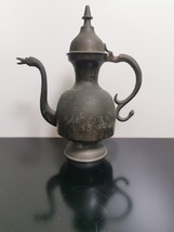 Vintage Solid Brass Indian Made Etched Antique Aftaba Tea Coffee Pot Pit... - $46.39