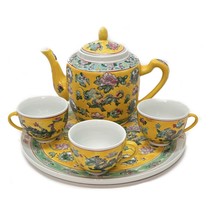 Antique Yellow Glazed Tea Set Teapot 3 Cups and Tray Chinese Porcelain 1... - £133.93 GBP