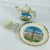 Seattle Space Needle Souvenir Mini Tea Set Gold Rim Pot Saucer Cup VTG  - £10.72 GBP