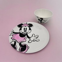 Disney Minnie Mouse Melamine 10&quot; Dinner Plate And Bowl Set Vintage Style... - £15.69 GBP