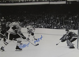 Fred Stanfield signed Boston Bruins 16x20 B&amp;W Photo with Johnny Bucyk - $47.95