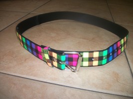 women&#39;s leather belt multi colored small squares medium 34/36 - $10.61 CAD
