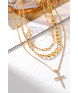 Gold Plated Cross Pendant Multi Layer Stacked Chain Necklace - $74.23 MXN