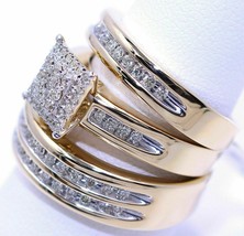 Diamanti Finti Set Trio Lui Hers Sposa Matrimonio Anello 14K Placcato Oro Giallo - £104.76 GBP
