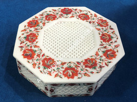 White Marble Octagon Jewelry Storage Box Filigree Inlay Personalized Decor E462 - £871.70 GBP