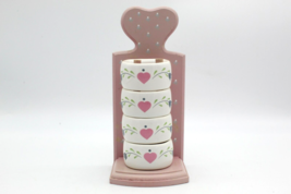 Set of 4 Ceramic Napkin Rings with Wooden Stand 1990 Pink Heart Design VTG  - £7.06 GBP