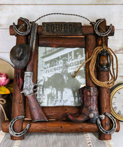 Rustic Western Cowboy Hat Rifle Boot Spur Horseshoes Lasso Ropes Picture Frame - £40.88 GBP