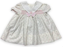 Vintage Polly Flinders White Pink Star Girls Dress Smocking USA Made Size 18 Mo - £14.67 GBP