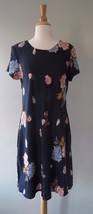 Vintage 90s Skater rayon dress Navy blue  Roses &amp; seashells sz 14 - $35.59