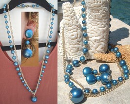 Vintage Necklace Earrings Set Japan Metallic Blue Beads 2 Strands - £22.34 GBP