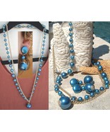 Vintage Necklace Earrings Set Japan Metallic Blue Beads 2 Strands - £22.34 GBP