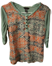 Bit &amp; Bridle Women&#39;s S Pullover Aztec Sheer Teal Peach and Green Roll Ta... - £15.93 GBP