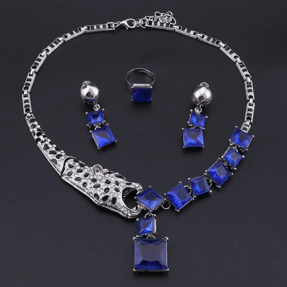 Luxury GolBlue Crystal Leopard Statement Necklace Earring Ring For Women Party W - £19.96 GBP