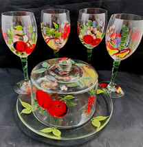 Dessert Plate w Dome w (9&quot;) 4 Matching Hand Painted Glass Goblets 12 OZ 8&quot; Tall - £31.17 GBP