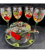 Dessert Plate w Dome w (9&quot;) 4 Matching Hand Painted Glass Goblets 12 OZ ... - £30.68 GBP