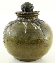 Signed Art Pottery Rustic Fired Glaze Gold &amp; Black Lava Ceramic Urn &amp; Li... - $50.05