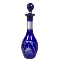 Cobalt Blue Tall Decanter Bottle 14&quot; Vintage Bohemian Cut to Clear - £75.51 GBP