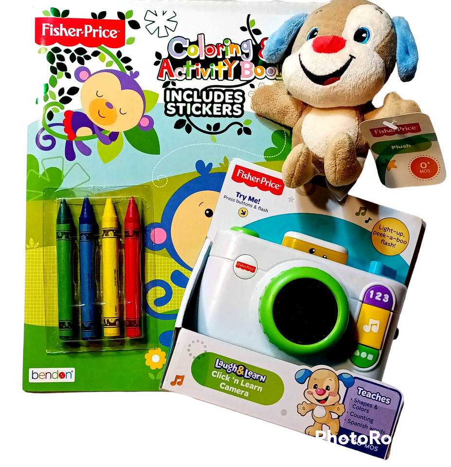 Fisher-Price LOT Coloring/Activity Book, Click n Learn Camera, Stuffed Dog Plush - $12.50