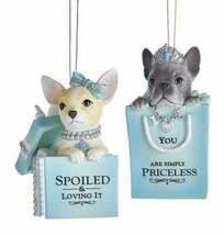 Kurt Adler Set Of 2 City Glamour Blue, White & Silver Puppy Ornaments w/ Sayings - £16.66 GBP