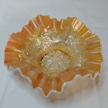 Mid Century Modern Peach Luster Carnival Glass Ruffled Bowl Flowers Irid... - £22.34 GBP