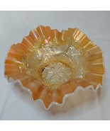 Mid Century Modern Peach Luster Carnival Glass Ruffled Bowl Flowers Irid... - £22.38 GBP