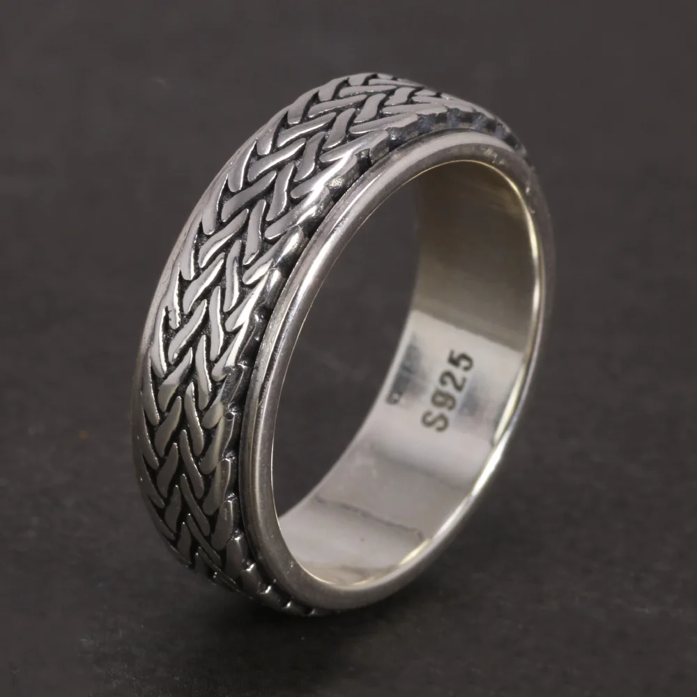 925 Sterling Silver Rotatable Rings For Men And Women Simple Hemp Rope Type Spin - £38.41 GBP