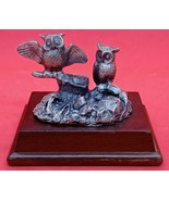 Pair of Owls on Log Pewter - Figurine 3&quot;x2&quot;x3&quot; On Wood Base - £10.16 GBP