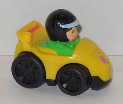 Fisher Price Little People Wheelies Yellow Race Car Driver Green Shirt Toy - $9.60