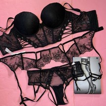 Victoria&#39;s Secret 34D,34DD Corset Top Bra Set+Garter+M Black Grommet Rose Lace - £111.49 GBP