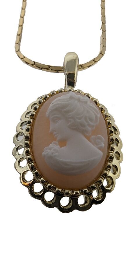 Vintage Peach Coral CAMEO Necklace choker New pony tail girl Made in USA - $14.85