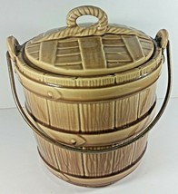 McCoy Pottery Oak Barrel Cookie Jar 9in Vintage Brown Metal Handle Canister USA - £23.72 GBP