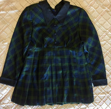 Plaid Green Blue Black Long Sleeves Round Pleats Custom Maternity Blouse sz S - £11.82 GBP