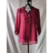 Express Sheer Burnout Blouse Top Burgundy Roll Tab Sleeve Button Up Shir... - $10.84