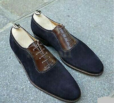 Handmade Men&#39;s Leather Genuine Brown &amp; Blue Suede One Piece Formal shoes-40 - $180.49