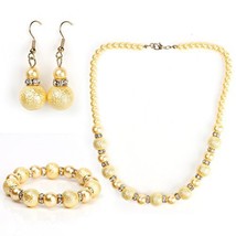 Gold Faux Pearl &amp; Crystal Jewelry Set, Necklace, Earrings &amp; Bracelet - £30.04 GBP