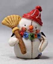 Tiny Snowman Figure Holding Broom Sewn Look Red Hat Cheery Face 2.25&quot; - £4.54 GBP