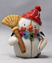 Tiny Snowman Figure Holding Broom Sewn Look Red Hat Cheery Face 2.25&quot; - £4.36 GBP