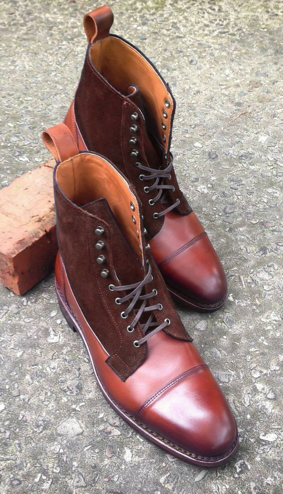 Men Two Tone High Ankle Rounded Cap Toe Real Suede Leather Lace Up Boots
