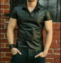 Men&#39;s Black Lamb Skin Leather Polo T-Shirt Lederhemd Dope Quality Schwar... - $89.99