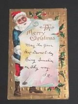 Santa w/ Blue Robe A Merry Christmas Gold Embossed Antique Postcard 1911... - £23.97 GBP
