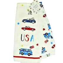 Vintage Retro Cars Kitchen Towels 2-Pc Patriotic Hedgehog on Scooter USA Flag - £12.42 GBP