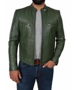 Jacket Leather Biker Green Mens Slim Fit Motorcycle Vintage Men S Cafe R... - $139.00