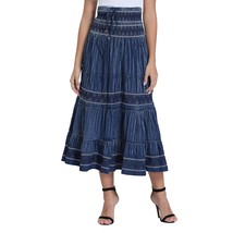 Maxi Skirt Womens High Waist Pleated Tiered Long Skirts, Denim Look With Elastic - £43.98 GBP