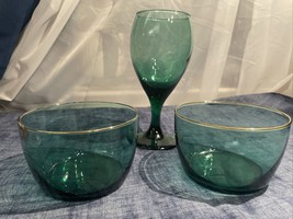 Lot Of 3 Vintage Green Transparent￼ Glass, 2 Bowls W/  Gold Trim 4.5”, 1 Goblet - £9.71 GBP