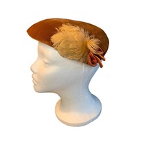Ladies Brown Velvet Hat with Feather and Satin Bow Accents Hat Vintage - $52.46