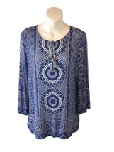 Ruby Rd Womens Top Size Medium Blue 3/4 Sleeve Shirt Geometric Pattern Pullover - $13.46