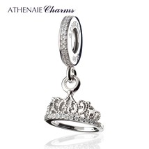 925 Silver with Pave Clear CZ Hearts Tiara Pendant Drops Fit All European Bracel - £40.56 GBP