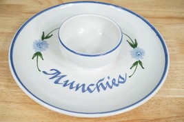 Studio Art Pottery MUNCHIES Chip &amp; Dip Server Blue Trim Floral Flower Design - £36.59 GBP